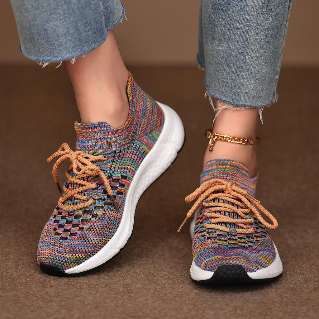 Breathable Fly-Woven Sports Single Shoes Women'S Spring Color Matching Casual Soft Sole Large Size Lace-Up Running Shoes Size 43