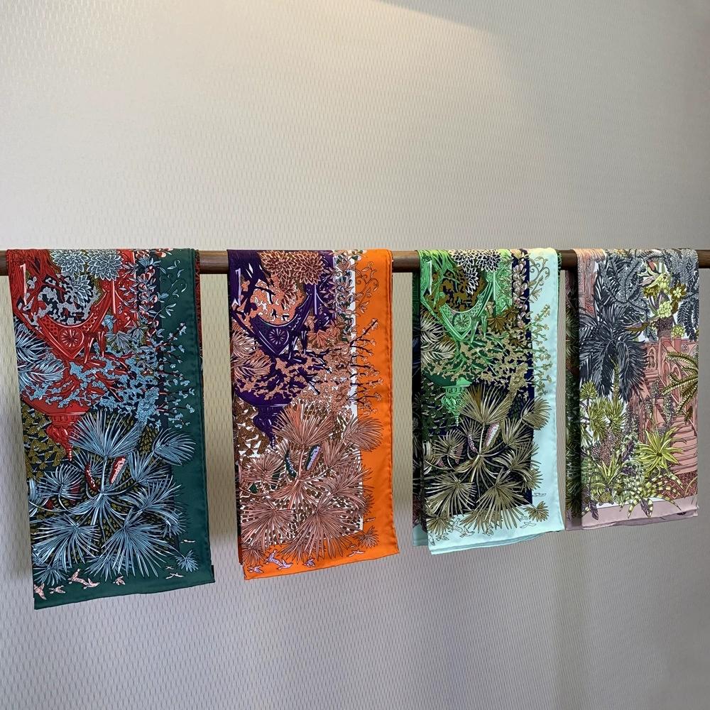 90CM Manual Hand Rolled Twill Silk Scarf Women High-End Square Scarves Forest and Castle Printed Echarpes Foulard Wrap Bandana