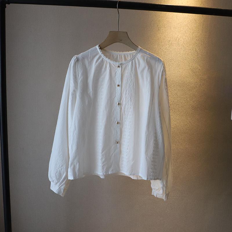 

[Бі Чжен] 2025 Весна Корейський Стиль Жіноча Вільна Вишивка Сорочка Блузка з Довгим Рукавом One Size білий