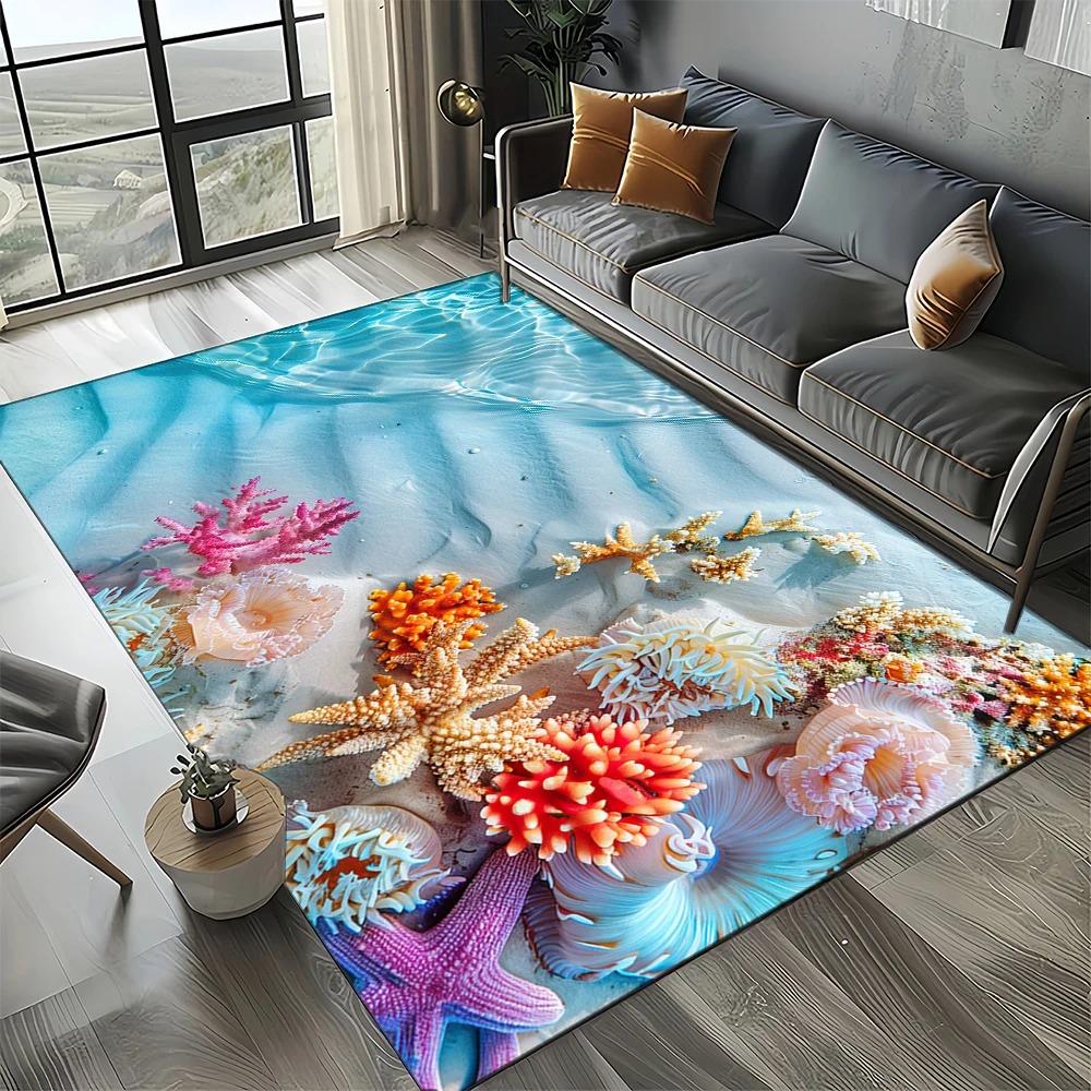 2D Beach Shell Star Print Ocean-themed Carpet Suitable for Living Room Bedroom and Children's Room Ocean Breeze Home Decoration