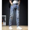 Men's Spring Broken Hole Patch Splicing Nine-minute Pants Casual Mid-waist Small Leg Jeans