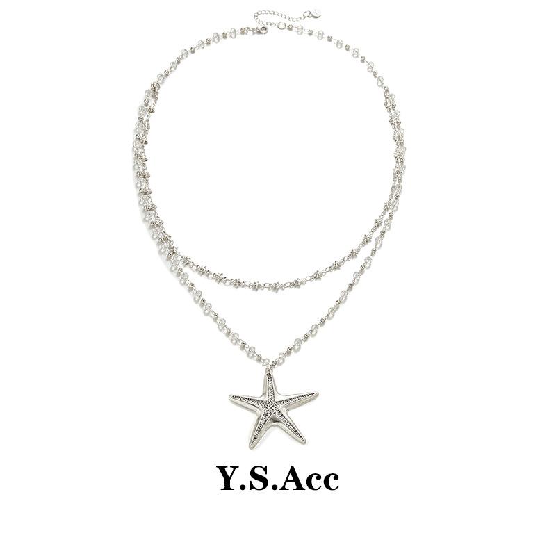 Minimalist Star Double Silver Starfish Beaded Necklace Long Sweet And Cool Spice Girl Style Accessories Women