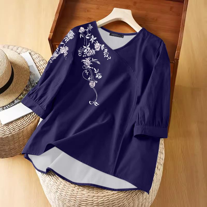 

ZANZEA Жіночі повсякденні блузки з квітковим принтом з V-подібним вирізом і короткими рукавами темно-синього кольору