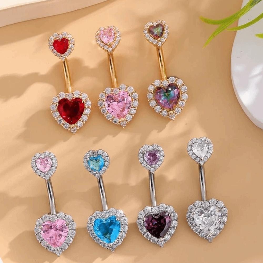 Stainless Steel Zircon Navel Ring Love Body Piercing Jewelry Double Heart Belly Button Ring Women