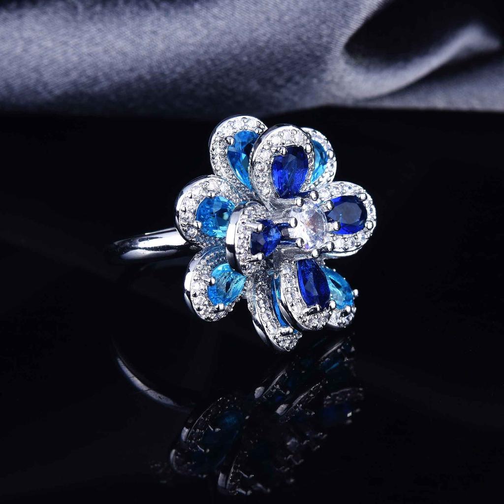 Temperament Color Zircon Flower Set, Needle Earrings, Simple Three-Dimensional Camellia Pendant, Open Ring.