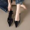Patent Leather Stiletto Sandals Summer New Pointed Toe Shallow Mouth Metal Buckle Slip Strap Non-Slip Kitten Heels