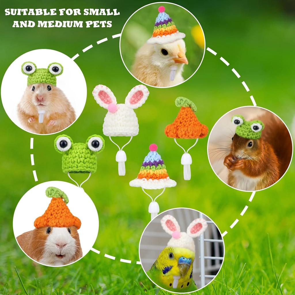 4 Pieces Hamster Hat Mini Small Animals Hat with Adjustable Strap Lovely Hand Knitted Frog Rainbow Carrot Tiny Hats for Lizard Guinea Pig Reptile