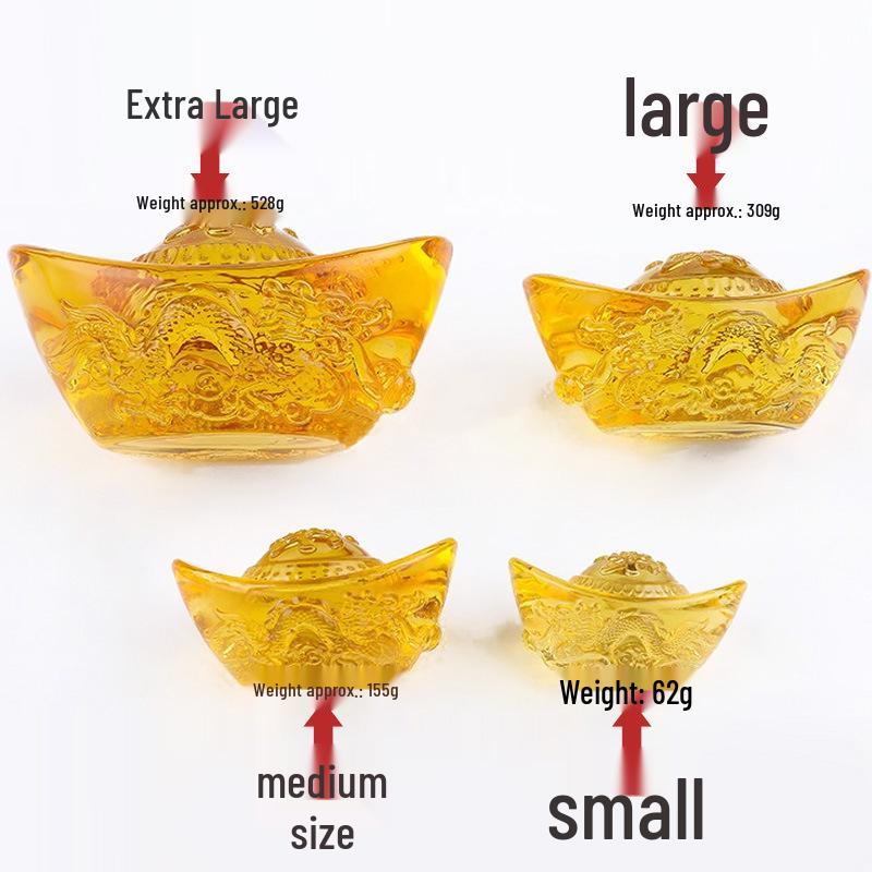 Gold Ingot Ornaments Set: Small, Medium, Large Yellow Crystal Wealth Decorations for Home and Living Room.
