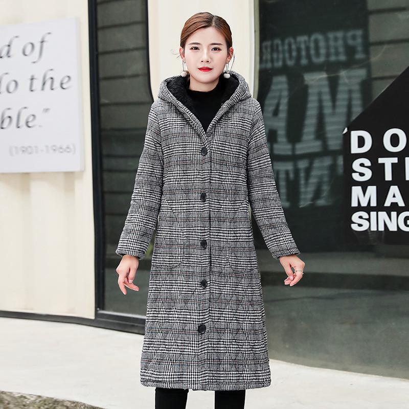 Women's Mid-length Plaid Cotton Coat - Velvet-lined, Thickened for Autumn/Winter