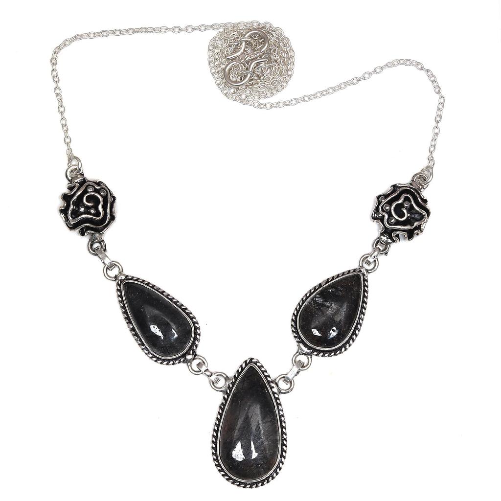 Black Rutile Set Silver Pendant Jewelry Earring 18-20'' Gemstone Handmade