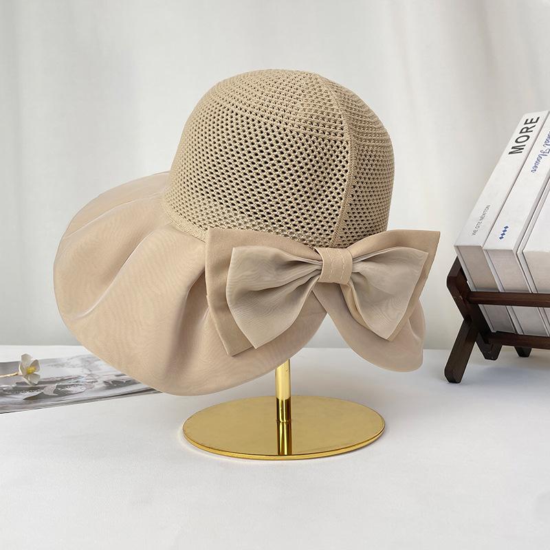 

Bow mesh splicing sun protection hat women s summer eaves UV protection outdoor sun hat breathable bucket hat
