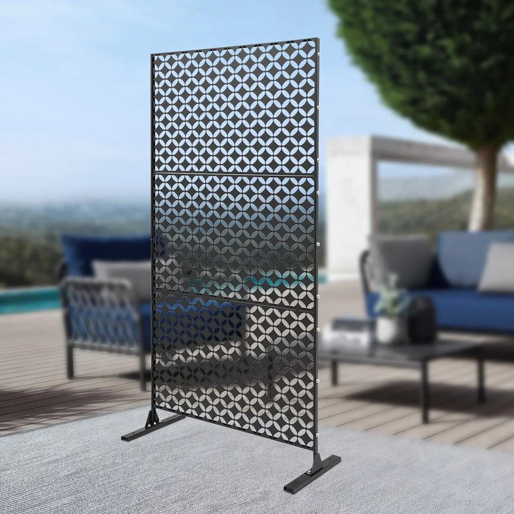 Black Freestanding Privacy Fence Screen 35x75in Laser-Cut 3-Panel Outdoor Partition for Garden Deck Room Devider