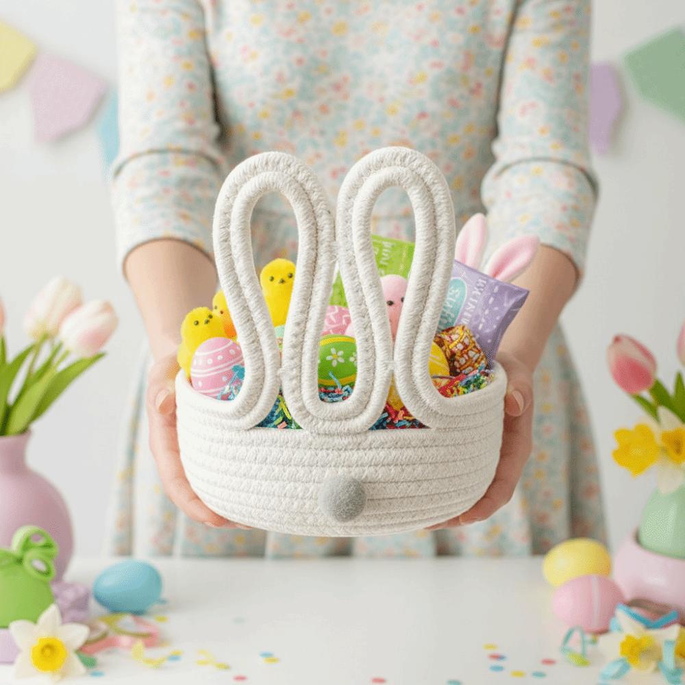 Cartoon Rabbit Storage Basket Cotton Rope Hand woven Easter Gift Basket Decorative Large Capacity Easter Bunny Basket