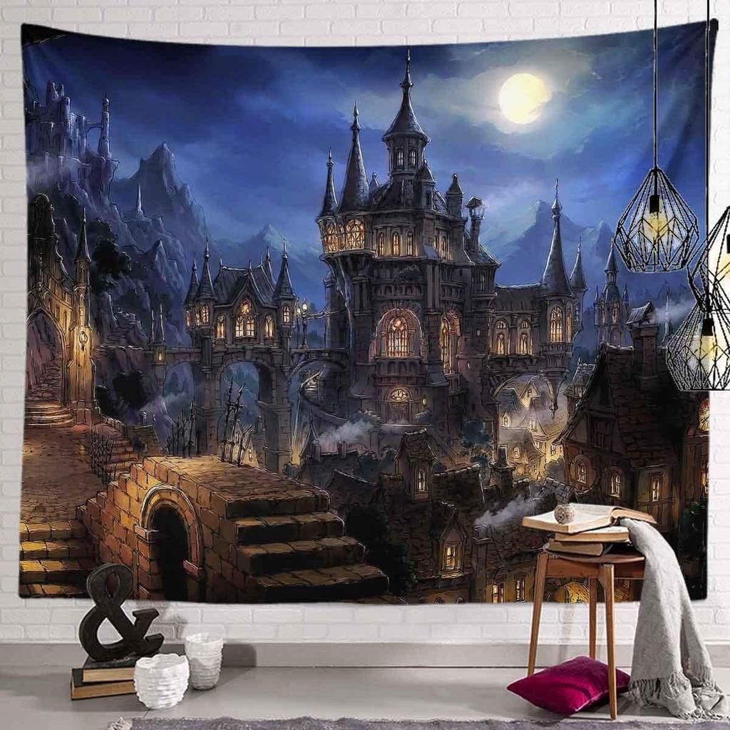 Castle Full Moon Night Tapestry Wolf Fantasy Medieval Town Wall Hangings Tapestry for Bedroom Living Room Office Dorm Man Cave