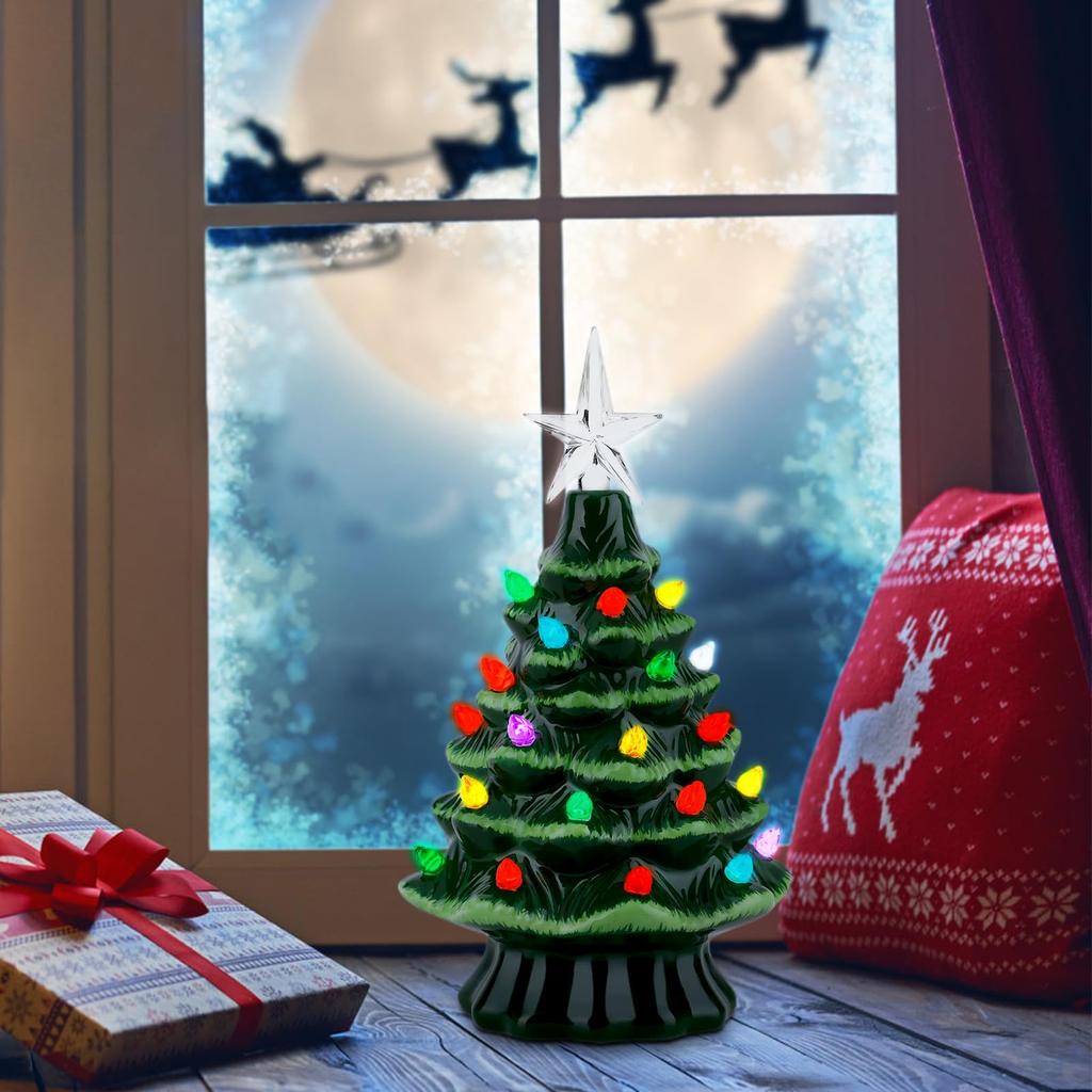 LEISURE CLUB Mini Tabletop Christmas Tree with LED Made of Stylish and Battery Christmas Decorative Gift Lights, Ceramic, Atmospheric, 19cm, Operated,