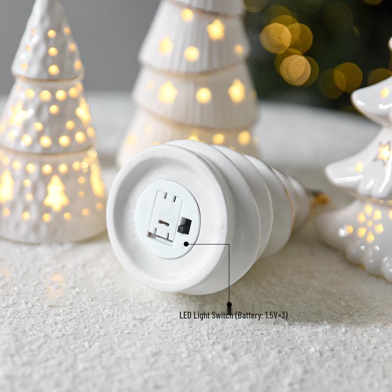 Ceramic Christmas Tree Night Light with Gold-Edged Hollow Stars & Snowflakes - Home Festival Decoration