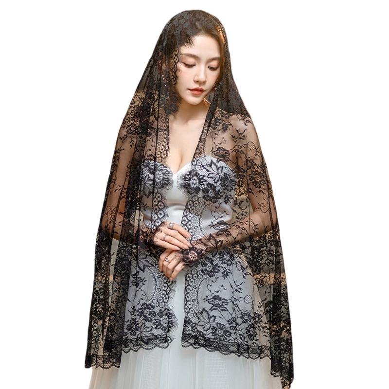 

Muslims Lace Wedding Veils Church Mantilla Wedding Bride Head Covering Veils for Women Black and Gold