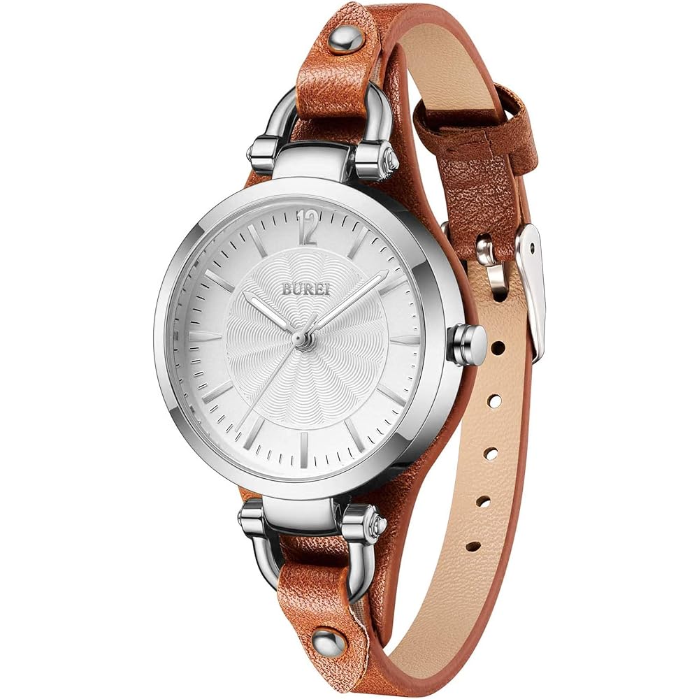 BUREI Women s Analog Quartz Watch Waterproof Leather Strap Large Dial Simple Stylish Lightweight Silver Brown