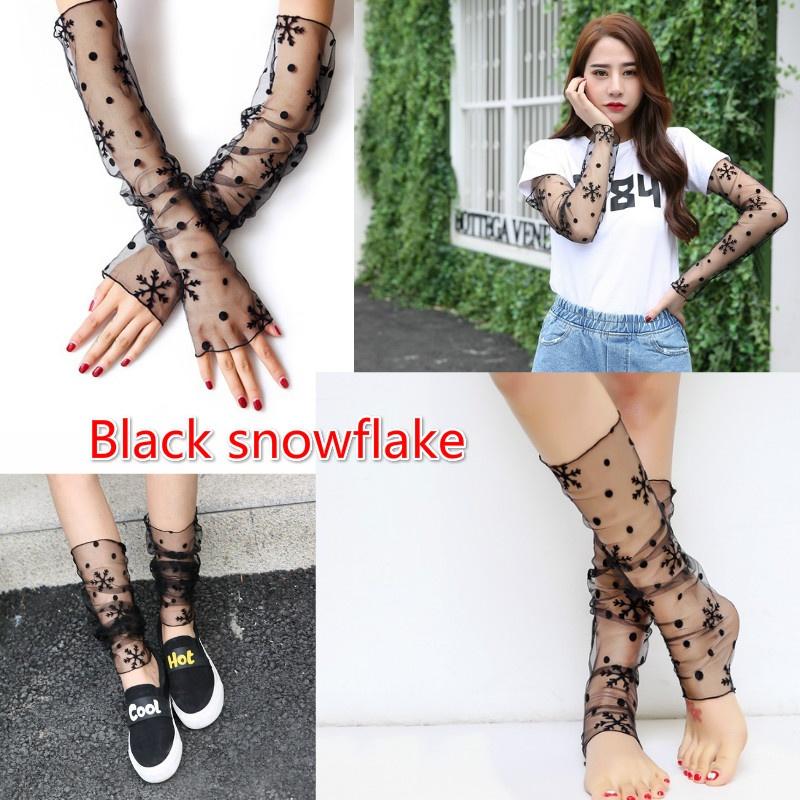 Women's Sun Protection Cuff Summer Driving Ice Sleeve Thin Mesh Socks Feet Dual Use Lace Gauze Gloves