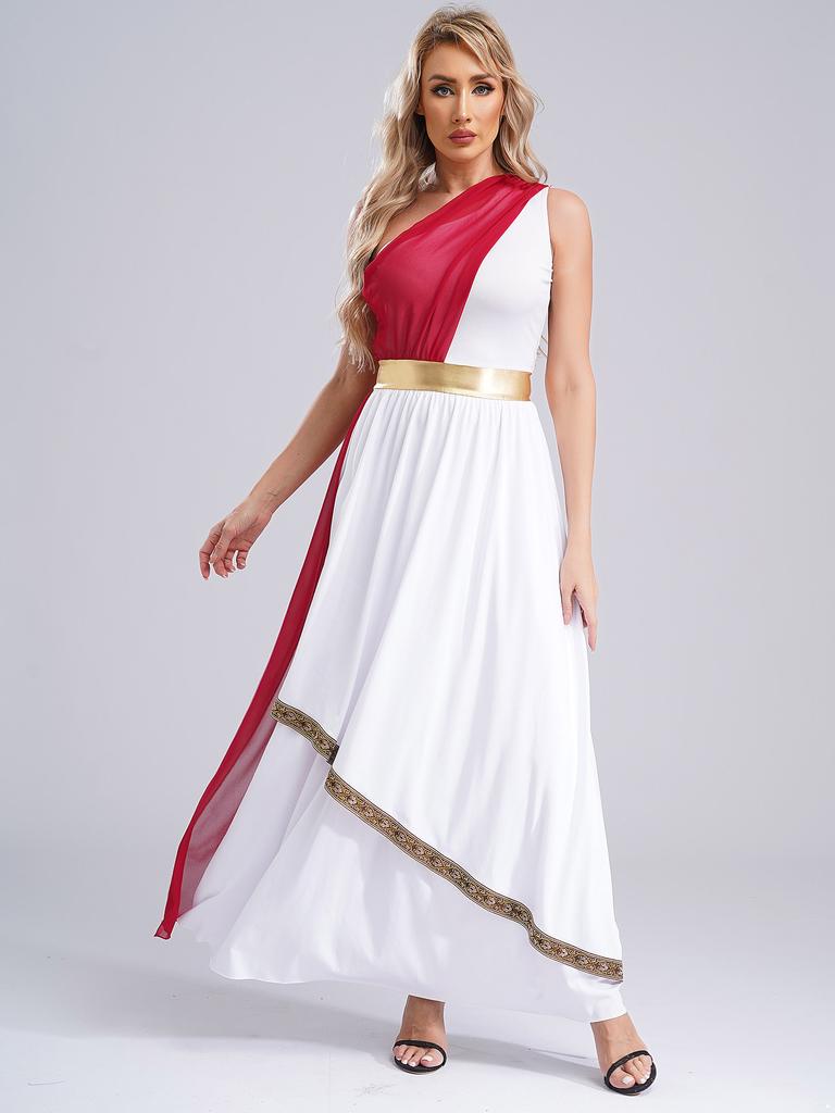 Damen Antikes griechisches Lob, Tanzbekleidung, Königin, Prinzessin, Cosplay-Robe, eine Schulter, Chiffon-Overlay, Vintage-Besatz, Tunika-Kleid