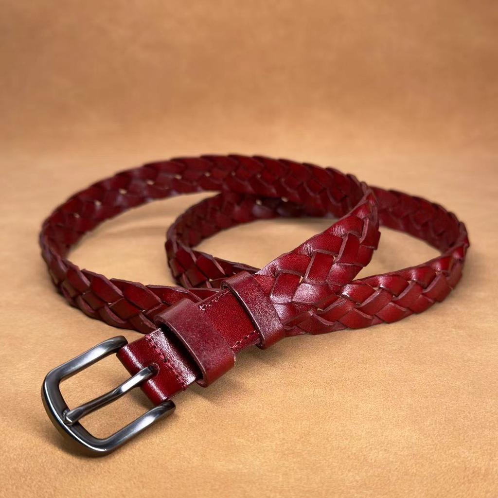Vintage Handwoven Vegetable Tanned Cowhide Genuine Leather Belt Accessories Lead Pin Buckle Belt Top Layer Cowhide