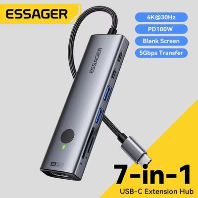 Essager 7 In 1 Type C To USB 3.0 Hub Expansion Dock Adapter Type C To 4K@30Hz HDMI PD100W Charge Dock Station Support SD/TF Read