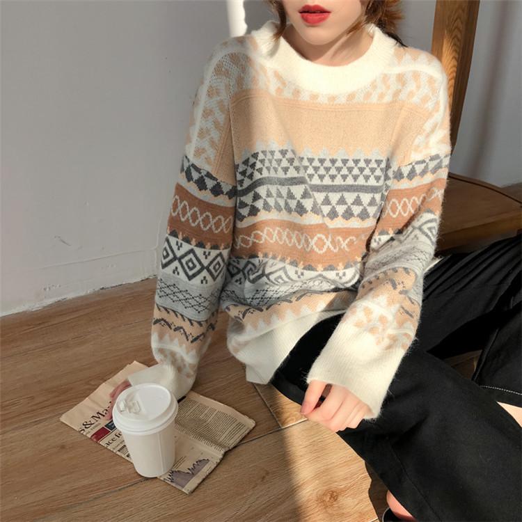 Women's Round Neck Pullover Sweater – Korean Style Retro Long Sleeve Jacket, Autumn/Winter 2020, Loose Fit.