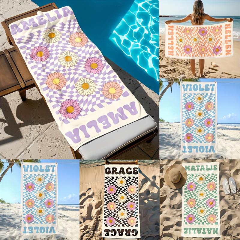 Personalized Beach Towel Daisy Plaid Custom Name logo Microfiber Beach Towel Thin Absorbent for Beach Swimming Yoga Bath Sports