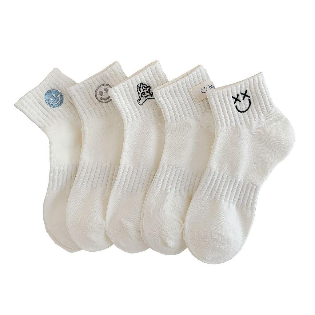 Women’s Spring/Summer Ankle Socks - Cute Smiley Face Embroidery, Japanese Style, Unisex Pure Cotton Sport Socks