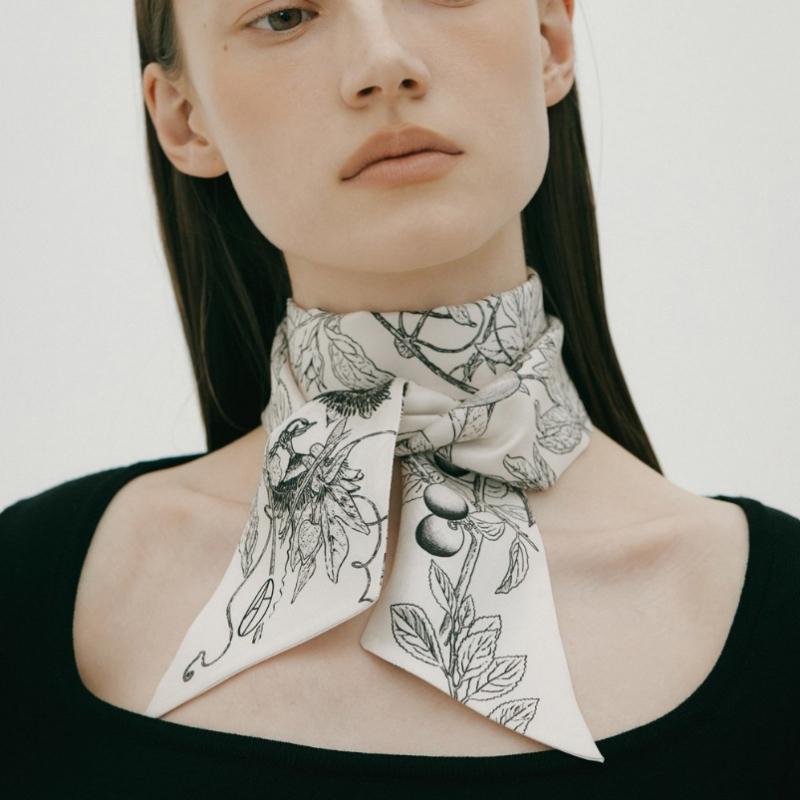 AVVINA PELLE Long Twilly Silk Scarf   Cream   Model  Botanic Garden