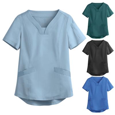 Women Simple Uniform V-Neck Short Sleeve Pockets Blouse Solid Color Loose Fit Nurse Pullover Tops Workwear