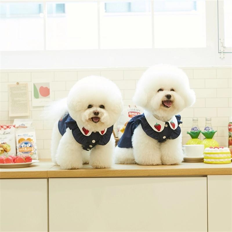 Cute Dog Dress Strawberry Applique Flutter Sleeves Dress Soft Pet Clothes Puppy Dog Clothes Pomeranian Chihuahua Clothes