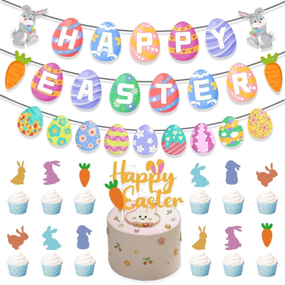 Creative Easter Party Decorations Cute Happy Easter Decor Handmade Rabbit Egg Banner  Cake Supplies