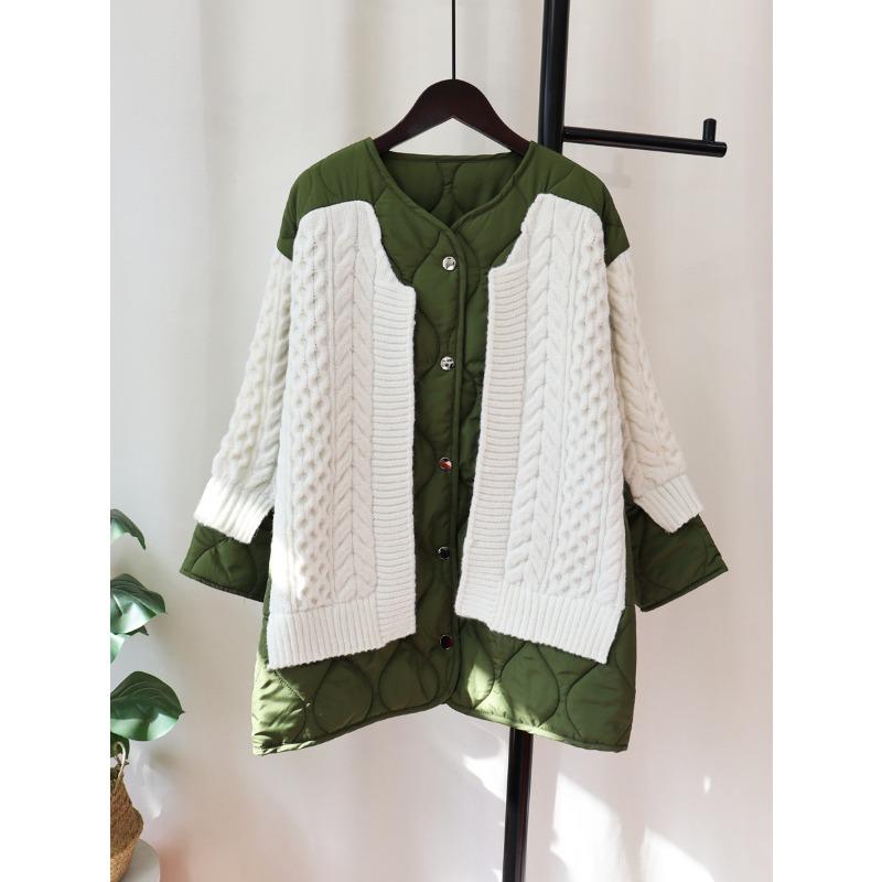Autumn and winter loose splicing cotton clothes knitted cardigan women's rhombus contrasting color sweater jacket contrasting color design