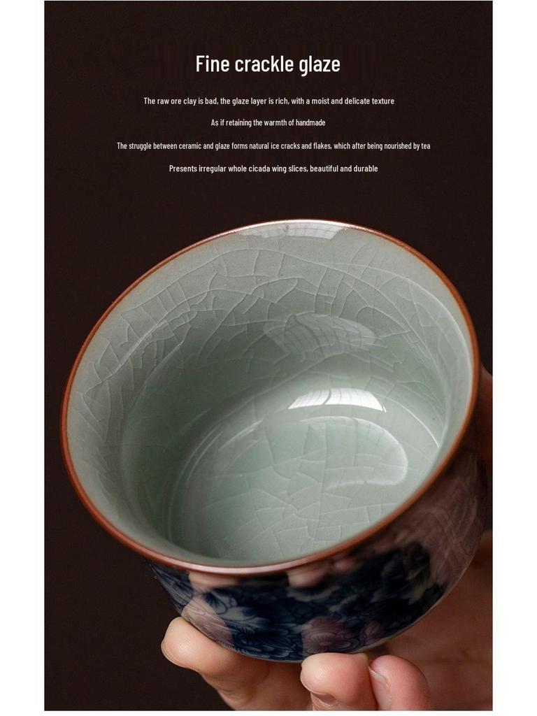 Antique Sancai Blue & White Gaiwan Kung Fu Tea Set: Cultivable Crackle Ceramic Tea Bowl & Large Cup