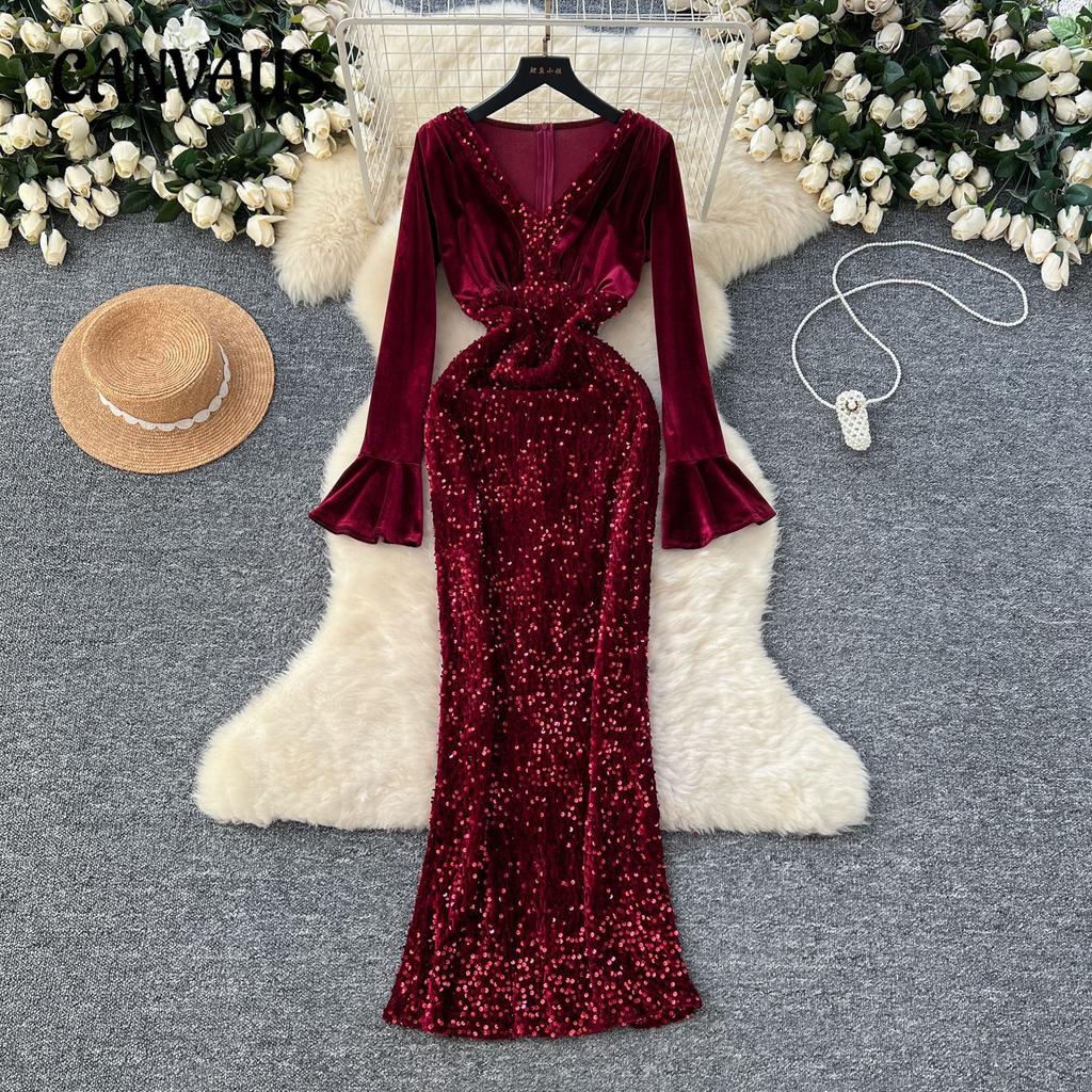 Vestidos de fiesta de noche para mujer de alta gama de celebridades sexys con escote en V de terciopelo con mangas acampanadas y empalme de lentejuelas y brillo