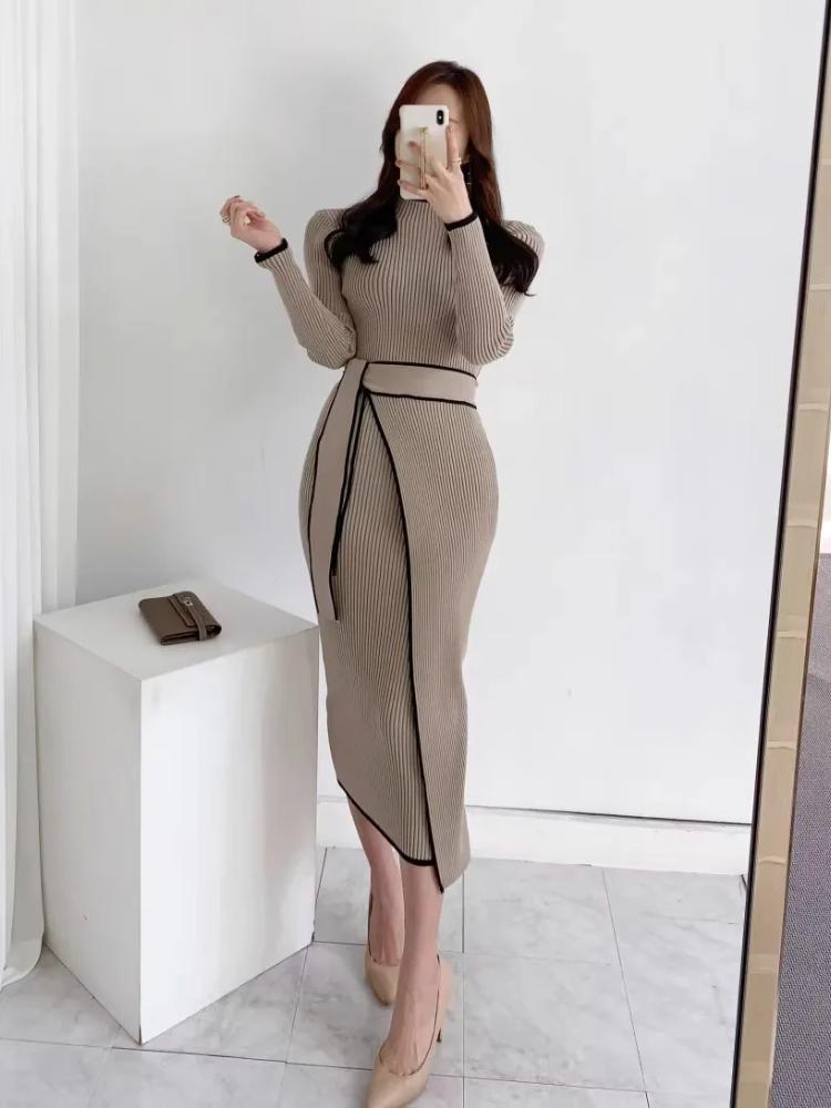Harajuku Elegant Lace Up Turtleneck Knitted Long Dress Korean Fashion Khaki Black Rib Bandage Bodycon Sweater Dress Robe Femme