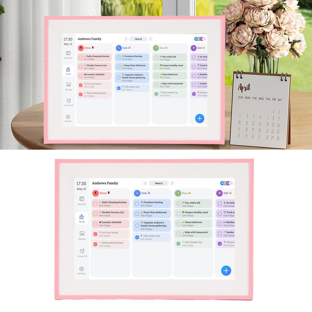Intelligenter digitaler Kalender 10,1 Zoll HD-Touchscreen Familienplaner mit Aufgabenliste für Zuhause Rosa