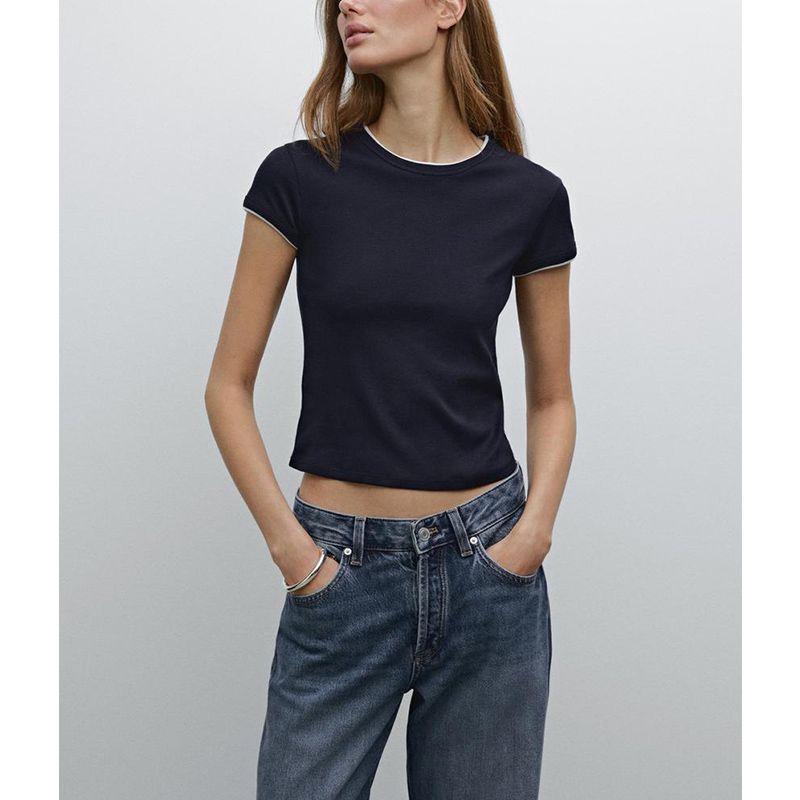 MD Summer New Product Women's Clothes Minimalist Style Cotton Rib Stitching Short round Neck Short Sleeve T-shirt Top 6234518