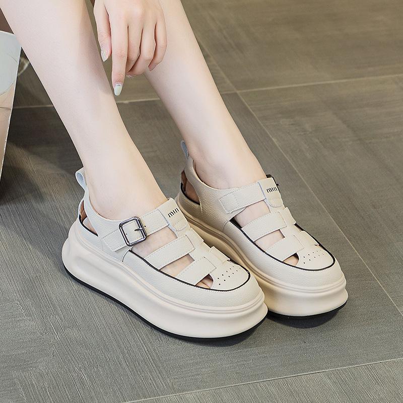 Leather Bag Head Roman Sandals Summer New Thick-soled Muffin Hollow Hole Leisure Sports