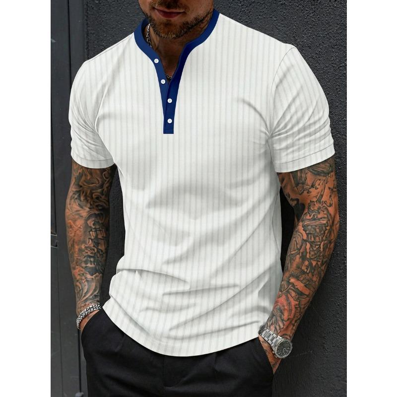 Mens Casual Striped Henley Shirt Short Sleeve Button Down Top S белый