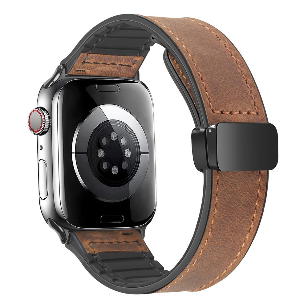 Leather+Silicone Strap For Apple Watch Band 49mm 44mm 45mm 41mm 46mm 40 42mm Magnetic Bracelet iwatch Series 10 9 8 SE 7 Ultra 2