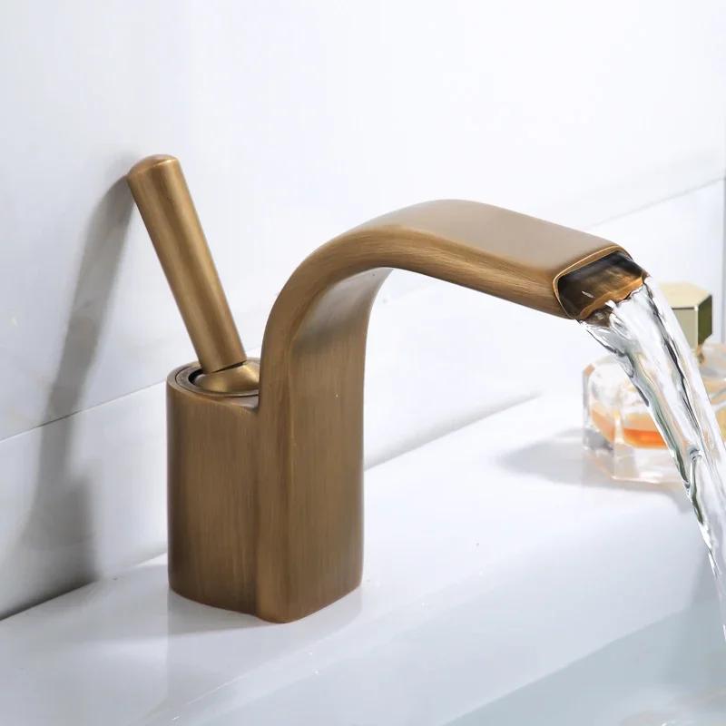 

Bathroom Basin Faucet Brass Sink Mixer Tap Hot & Cold Lavatory Crane Deck Mounted Single Handle Waterfall Water Tap