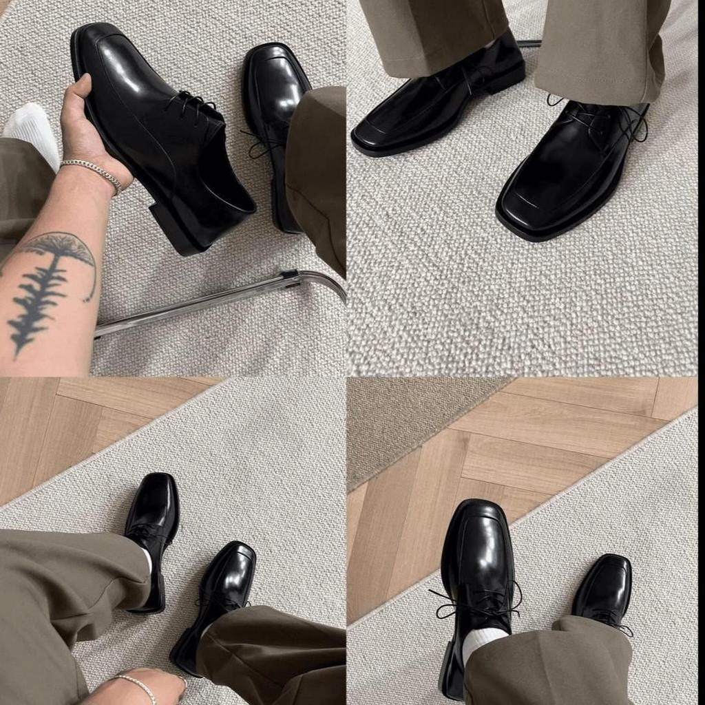 Herrenschuhe Schwarz Leder Quadratische Spitze Derby - Höhensteigernd, Dicke Sohle, Britischer Stil, Formell & Lässig für Business, Hochzeiten & Bräutigame.