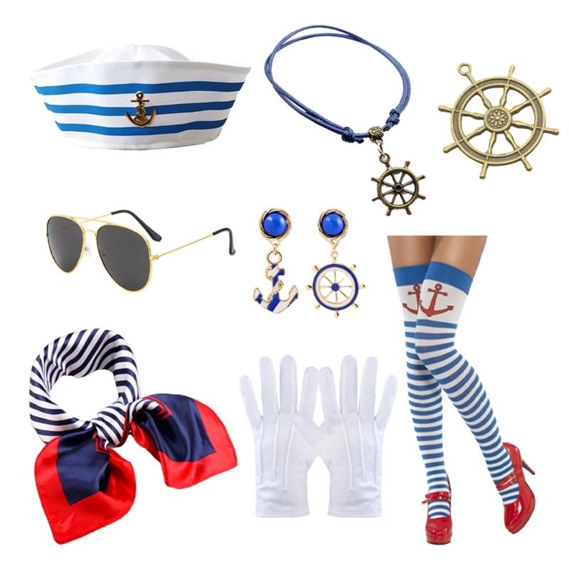 Sailor Girl Costume Set Including Hat Scarf Stocking Glasses Necklace Gloves For Women Halloween Cosplay Role Play Event