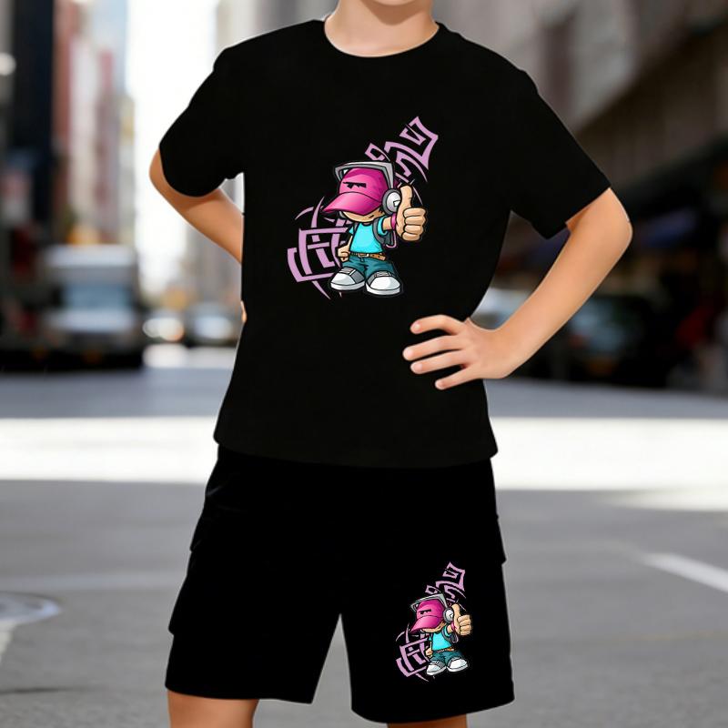 

Boys 2 Piece Cartoon character printed outfit, Short Sleeve T-Shirt and Shorts Set for Kids Age 5-14,Black,White Sporty Casual Summer Clothes 5-6 Years чёрный