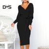 Women Fall Winter Dress V Neck Lace Up Belted Tight Waist Solid Color Knitted Elastic Mid Calf Length Long Sleeve Slim Fit Lady Commute Dress