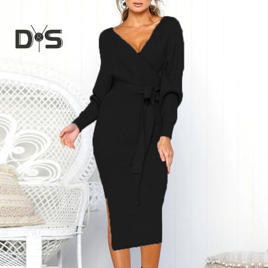 Women Fall Winter Dress V Neck Lace Up Belted Tight Waist Solid Color Knitted Elastic Mid Calf Length Long Sleeve Slim Fit Lady Commute Dress