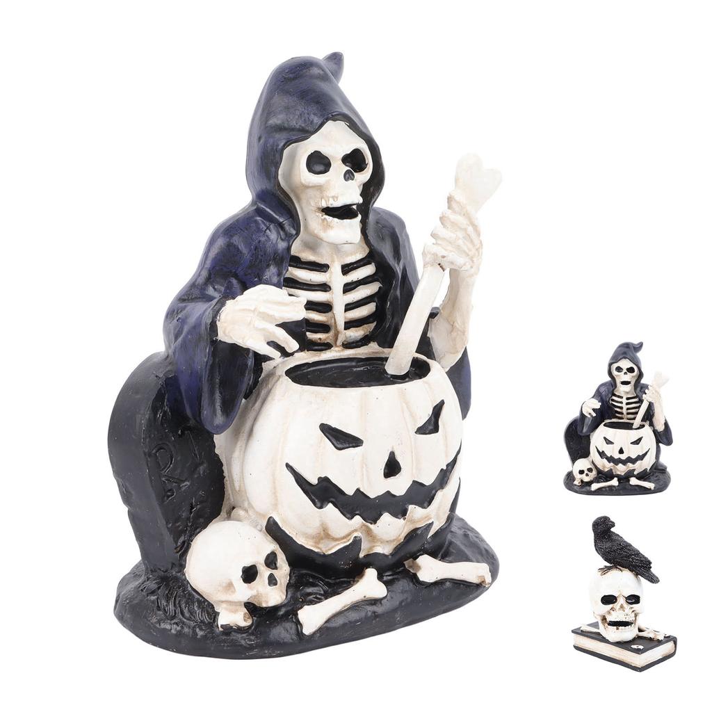 Skeleton Figurine Scary Rich Details Vibrant Colors Strong Resin Stable Skull Figurine for Halloween