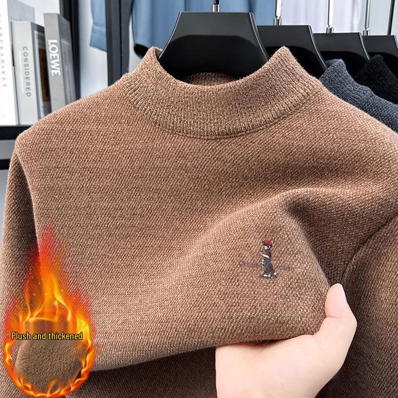Men's Fleece-Lined Half-High Neck Knitted Sweater - Warm Embroidered Autumn/Winter Base Layer